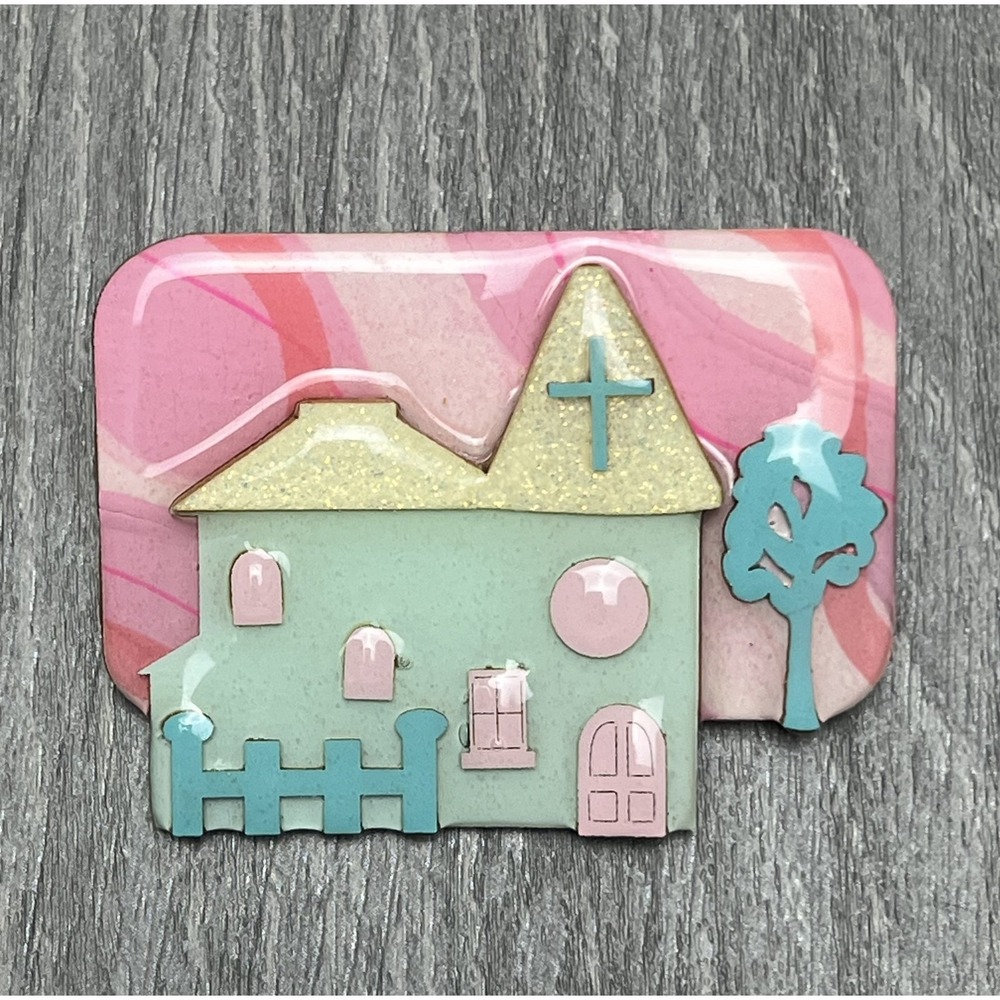Designs by Lucinda Pastel House Church Tree Fence Glitter Pin Brooch Collectible